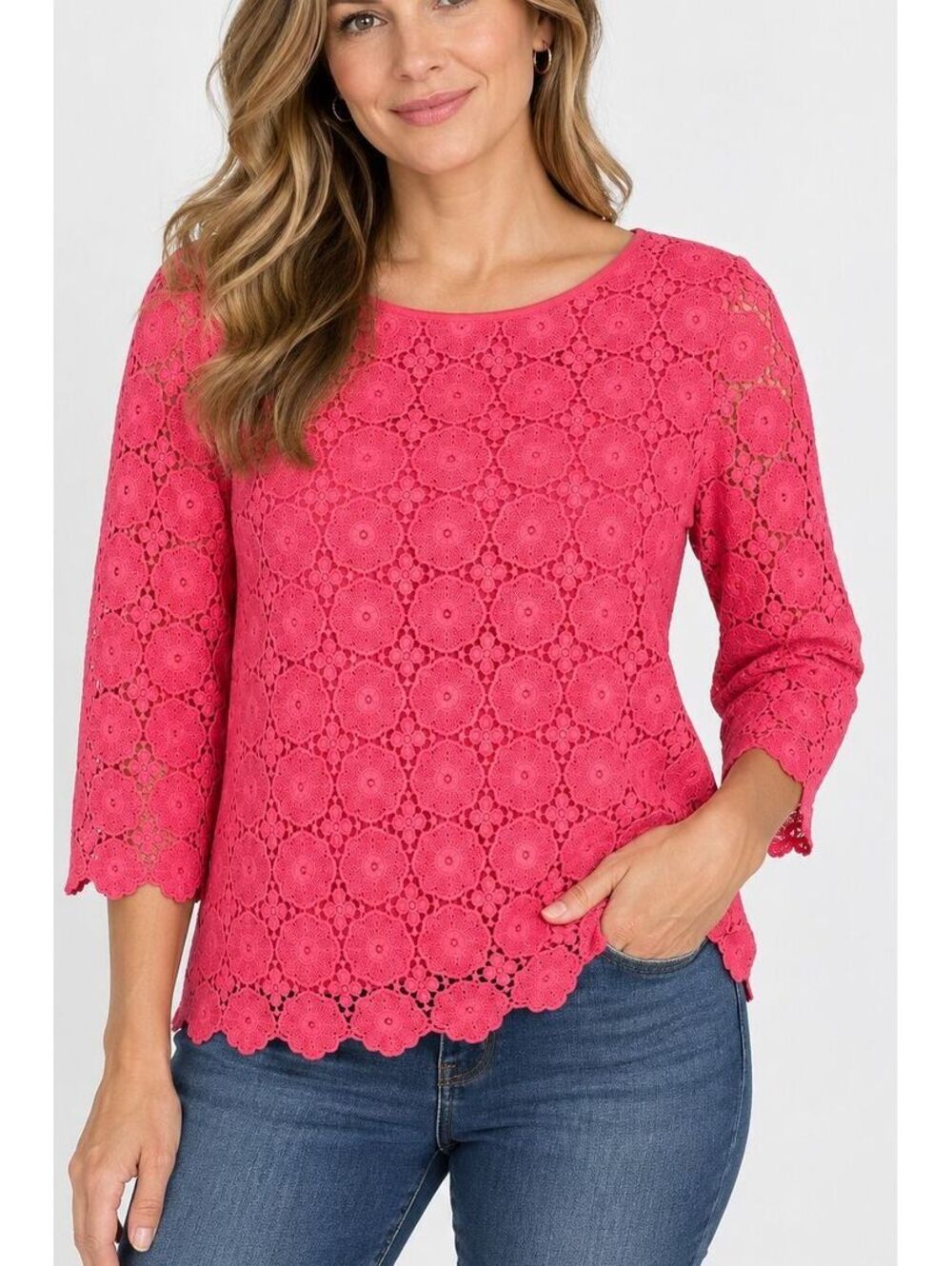 Talbots Petites 12P Coral Pink 100% Cotton Lace Blouse 3/4 Sleeve Feminine Top